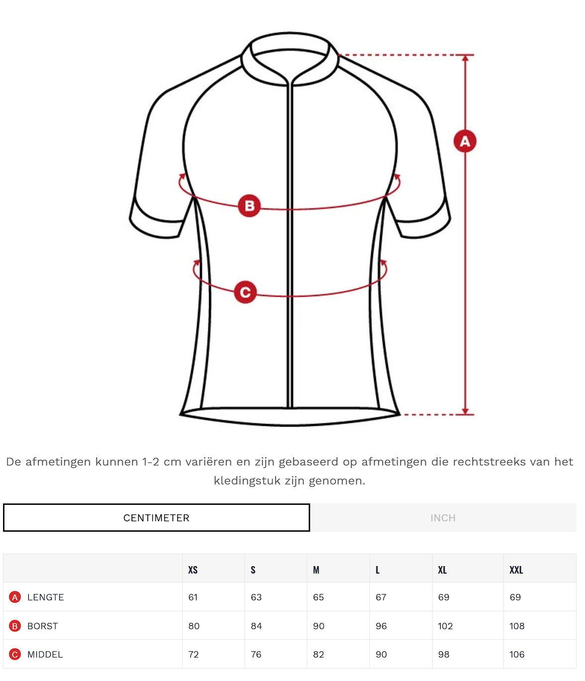 Siroko heren shirt maattabel