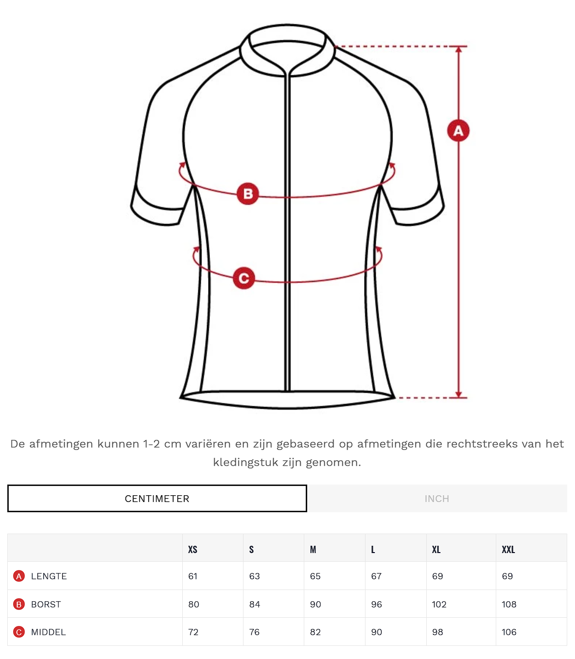 Siroko maattabel herenshirt
